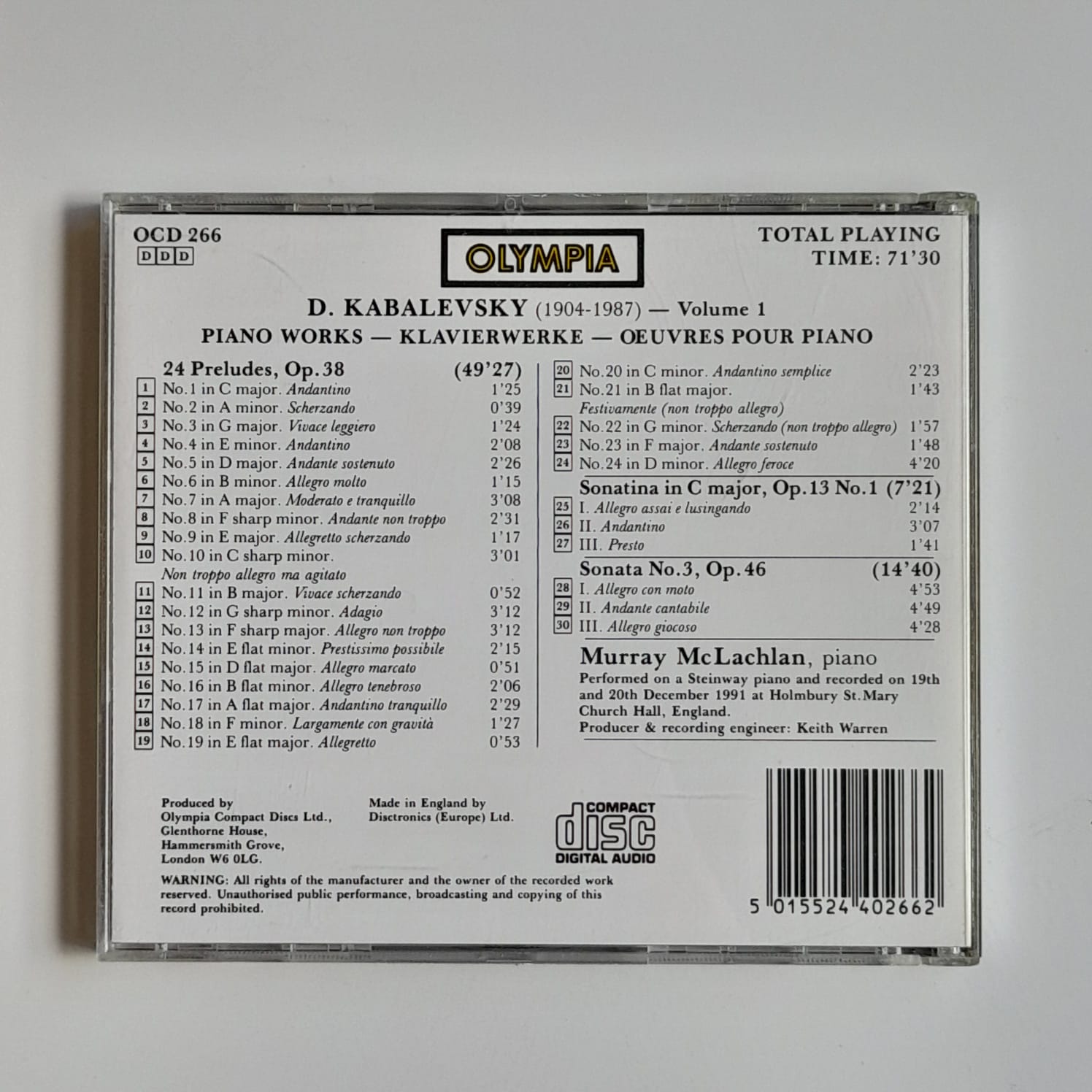 CD D. Kabalevsky - Piano Works • Klavierwerke • Œuvres Pour Piano: 24 Preludes, Op.38 • Sonatina In C Major, Op. 13/1 • Sonata No.3, Op.46 - Reg: McLachlan - Importado - Imagem 2